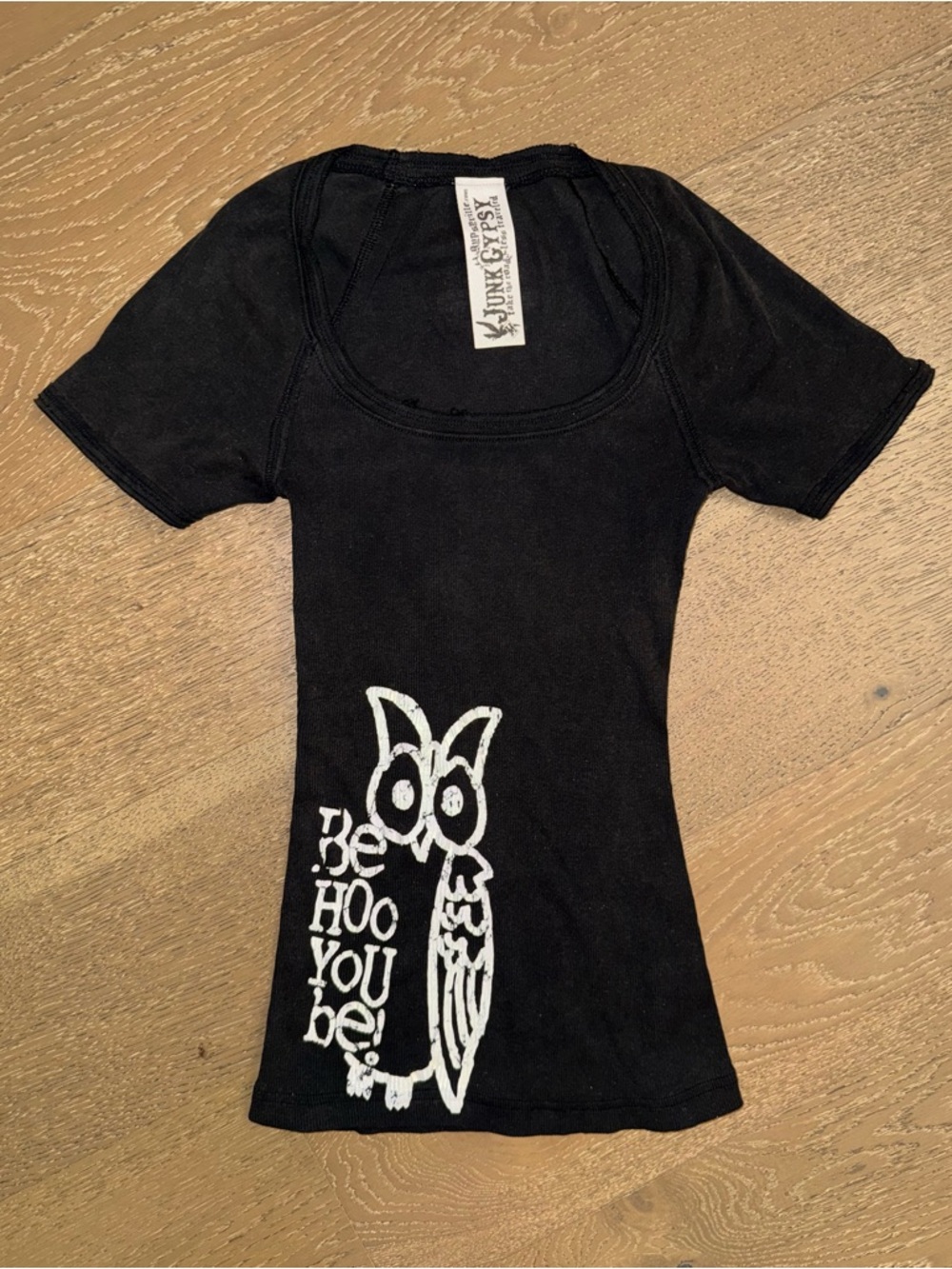 Junk Gypsy Black Short-Sleeve Scoop Neck Tee with White‎ Owl Graphic
